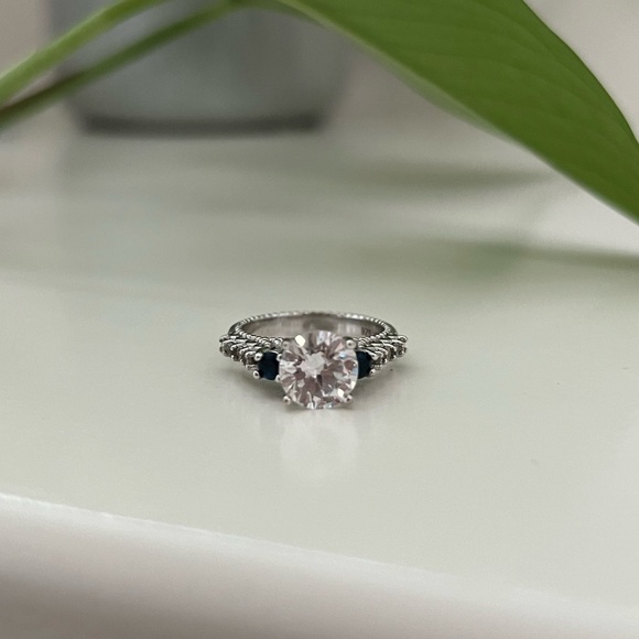 Sterling Silver Cubic Zirconia & Blue Sapphire Filigree Ring, Size 5.5 - Picture 5 of 16